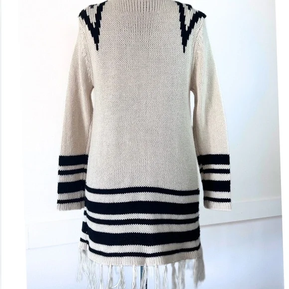 Western Style Knit Stripe Waterfall Fringe Cardigan Black & Cream Sweater- M - Picture 3 of 7